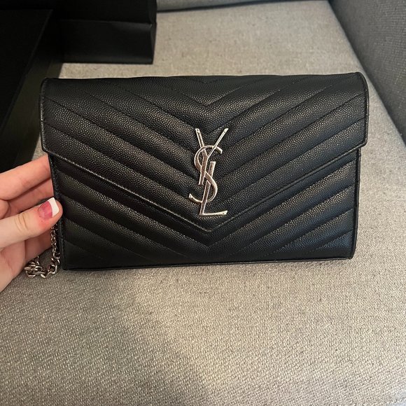 Saint Laurent Cassandre Matelasse Wallet on a Chain Black with Silver Hardware - Picture 2 of 11